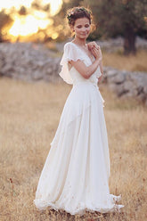 Elegant A-Line Ivory Flower Cap Sleeve V-Neck Chiffon Open Back Wedding Dresses