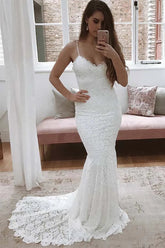 Spaghetti Straps Mermaid All Over Lace Sleeveless White Wedding Dress
