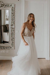 Spahetti Straps Full Beaded Bodice Wedding Dress with Sequin Net Wedding Dress