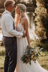 Lace Bodice Tulle Skirt Bridal Gown with a Low V Back Minimalist Wedding Dresses