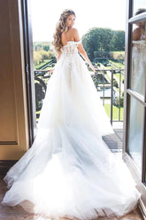 Lace Appliques Off The Shoulder Modest Tulle Princess Wedding Dress