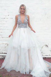 Layered Plunging Neck V-Back Long Wedding Dress with Colored Appliques