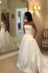 Straps Simple Ivory Satin A-line Pleated Wedding Dresses with Court Train Bridal Dresses