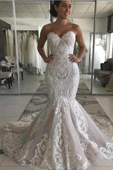 Gorgeous Wedding Dress with Drop Waist and Cascades Lace Mermaid with Court Train Bridal Dress
