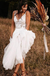 Gorgeous Lace Bodice V-neck Bridal Dresses White Backless A-line Wedding Dresses