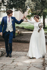 Simple Cornflower A-line Ivory Satin Embroidery Long Sleeves Wedding Dresses