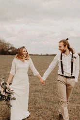 Ivory A-line Lace Bateau Neck 3/4 Sleeves Bridal Dresses Floor-length Wedding Dresses