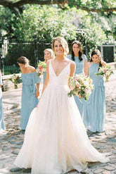 Cheap Ivory Spaghetti Strap Wedding Dresses Backless V-neck Bridal Dress