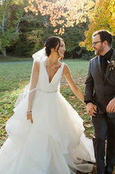 Organza V-neck Ball Gown Wedding Dress with Ruffles Beadings Sash Bridal Dress