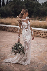 Lace Appliques See Though Mermaid Rustic Wedding With Sleeves