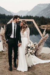 Two Piece Round Neck Lace White Chiffon Wedding Dress With Long Sleeves