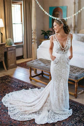 V-neck Sleeveless Mermaid Backless Lace Pocket Wedding Dress With Court Train