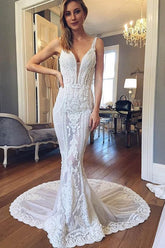 Mermaid V-neck Open Back Lace Wedding Dresses with Train, Gorgeous Wedding Dresses
