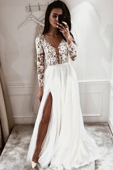 Simple A-line V-neck Open Back Long Sleeves Lace Wedding Dresses with Split