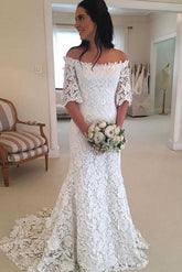 Off Shoulder Lace Short Sleeves Cheap Wedding Dresses Online,Cheap Bridal Dresses