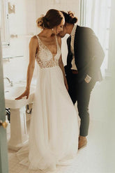 Cheap Tulle A-line V-neck Backless Sweep Train Wedding Dress with Pearls