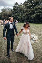 Cap Sleeves Deep V-neck Lace Appliques A-Line Rustic Wedding Dress