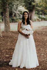 Simple Chiffon A-line V-neck Sweep Train Sleeveless Wedding Dress