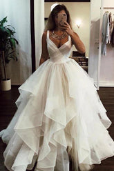 Tulle Ball Gown Wedding Dress with Straps Backless V-neck Bridal Gown