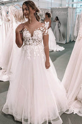 V-neck Ball Gown Wedding Dress with Short Sleeves Backless Appliqued Bridal Gown