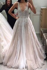 Gorgeous Ball Gown V-neck Open Back Beaded Long Wedding Dresses