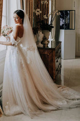 Tulle Off the shoulder A-line Sweep Train Wedding Dresses With Appliques