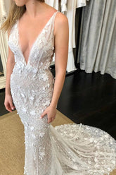 Deep V-Neck Luxury Beaded Mermaid Wedding Dress with Detachable Train
