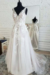 Fairy Tulle A-line V-neck Open Back Lace Sleeveless Long Wedding Dresses