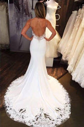 Charming Mermaid Sweetheart Open Back White Lace Long Wedding Dresses with Train