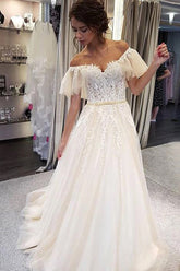 Elegant A-line Off the Shoulder Lace Wedding Dresses,Ruffled Sleeves Wedding Dresses