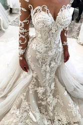 Mermaid Detachable Train Long Sleeves Scoop Wedding Dresses With Applique