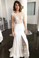Sheath Bateau Cap Sleeves Sweep Train Lace Wedding Dress with Split