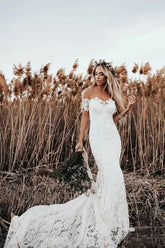 Rustic Mermaid Lace Ivory Wedding Dresses Illusion Neckline Beach Wedding Dress
