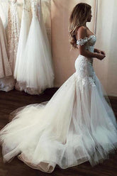 Cheap Off the Shoulder Mermaid Wedding Dresses Vintage Lace Bridal Gown