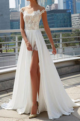 Cheap Off the Shoulder See Through Wedding Dresses Side Slit A-line Bridal Dresses