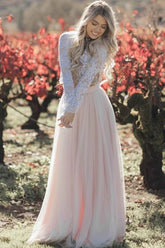 Lace Two Piece Long Sleeve Wedding Dresses Blush Pink Beach Wedding Dress