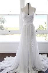 Sweetheart White Chiffon Spaghetti Strap Lace Beach Wedding Dresses