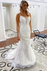 Spaghetti Straps Trumpet/Mermaid Lace Bridal Gonws Backless Wedding Dress