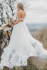 Crop Top Lace Two Piece Boho Spaghetti Straps Wedding Dresses