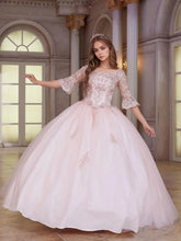 Half Sleeve Back Key Hole Lace Embroidery Ball Gown Quinceanera Dress