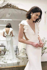 Mermaid Backless Cap Sleeves V-neck Wedding Dresses with Ruffles