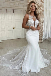 Mermaid Deep V-neck Backless Lace Wedding Dresses With Chapel Train