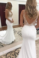 Mermaid Deep V-neck Wedding Dresses With Lace Appliques, Bridal Gown