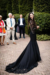 Mermaid Floral Black Wedding Dress Long Sleeve Wedding Gown WD742-Pgmdress