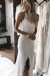 Mermaid Lace Open Back Side Split Long Wedding Dresses, Bridal Gowns, MW758