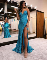 Mermaid V Neck Sequins Prom Dress with Slit