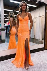 Sparkly Orange Sequins Mermaid Long Prom Dress
