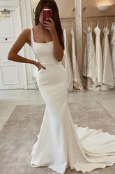 Mermaid Square Neck Wedding Dresses With Train, Satin Wedding Gowns