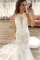 Mermaid Tulle Halter Sleeveless Lace Appliques Wedding Dresses