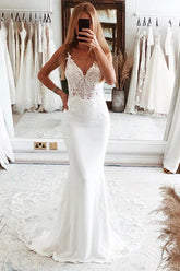 Mermaid V-neck Backless Spaghetti Straps Lace Wedding Dresses